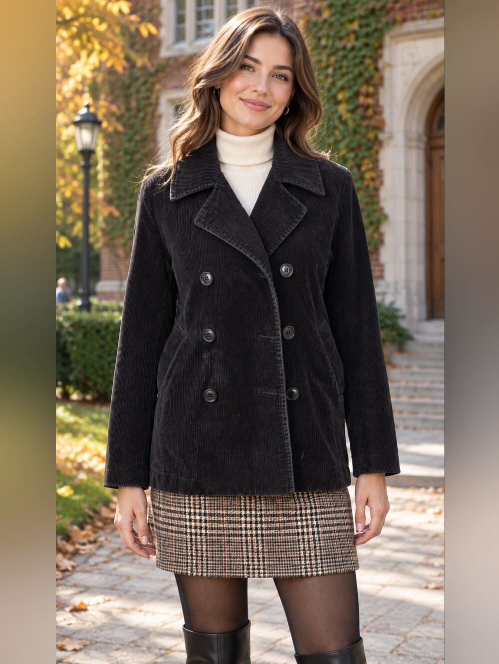 IZOD Petite PL Black Jacket Corduroy Peacoat Double Breasted Preppy Academia Fal